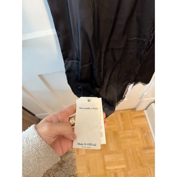 Abercrombie and Fitch Black Satin High Slit Midi Dress Sz XS Petite - Picture 10 of 11